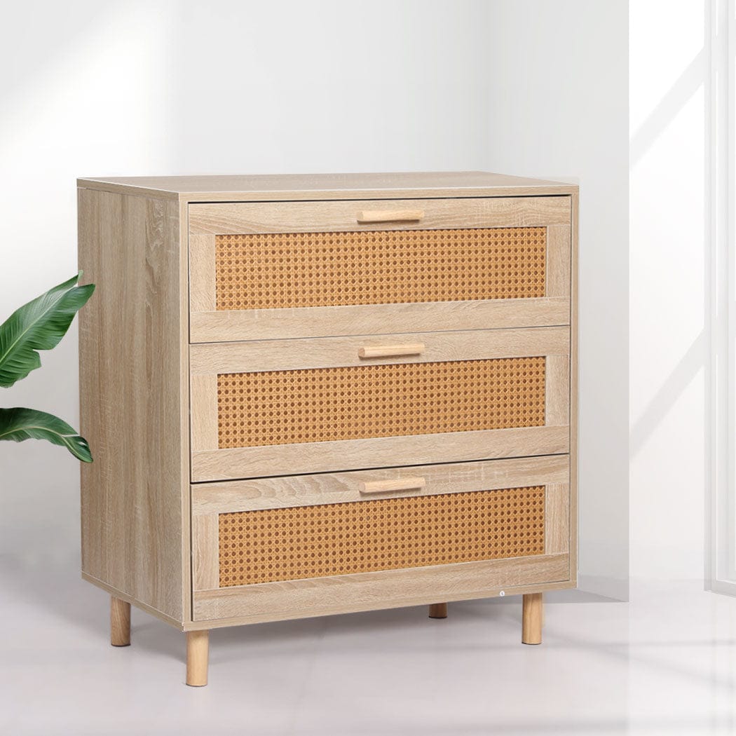 Levede Chest of Drawers Storage Cabinet Rattan Dresser Chest of Drawers Tallboy Wooden 3 Drawers