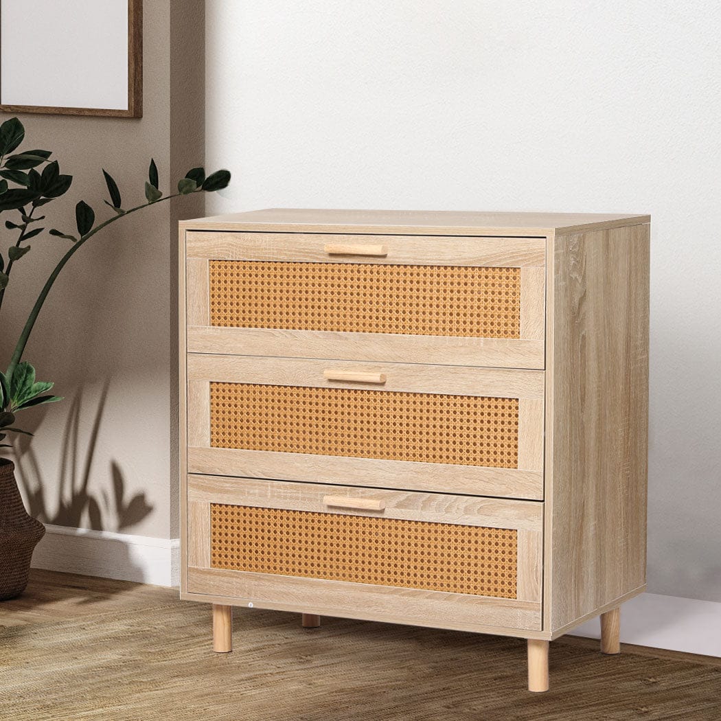 Levede Chest of Drawers Storage Cabinet Rattan Dresser Chest of Drawers Tallboy Wooden 3 Drawers