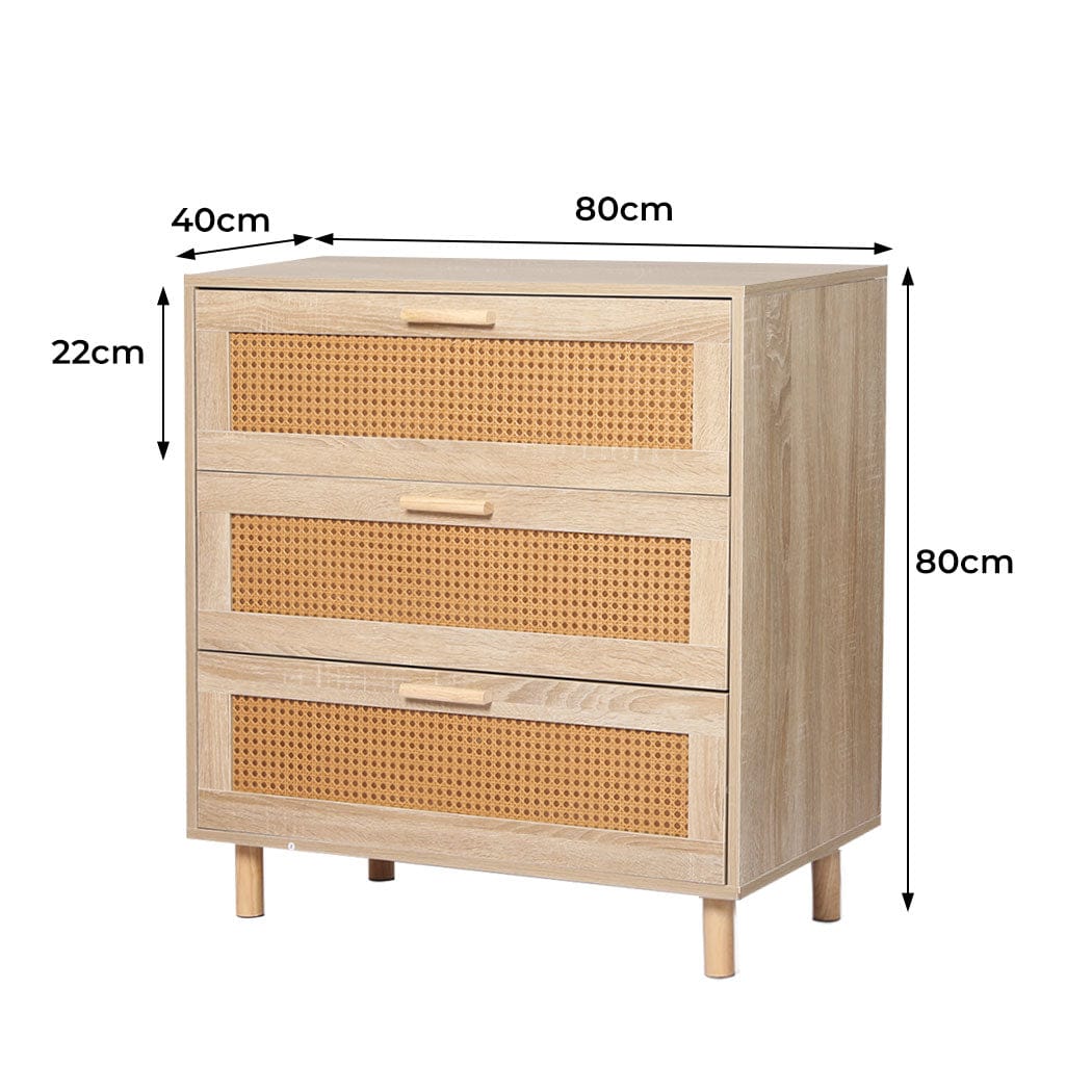 Levede Chest of Drawers Storage Cabinet Rattan Dresser Chest of Drawers Tallboy Wooden 3 Drawers