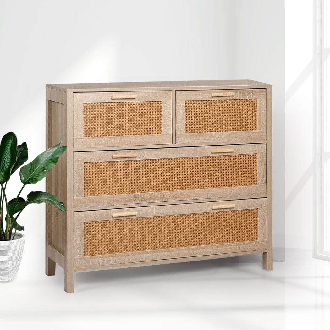 Levede Chest of Drawers Storage Cabinet Rattan Dresser Chest of Drawers Tallboy Wooden 4 Drawers