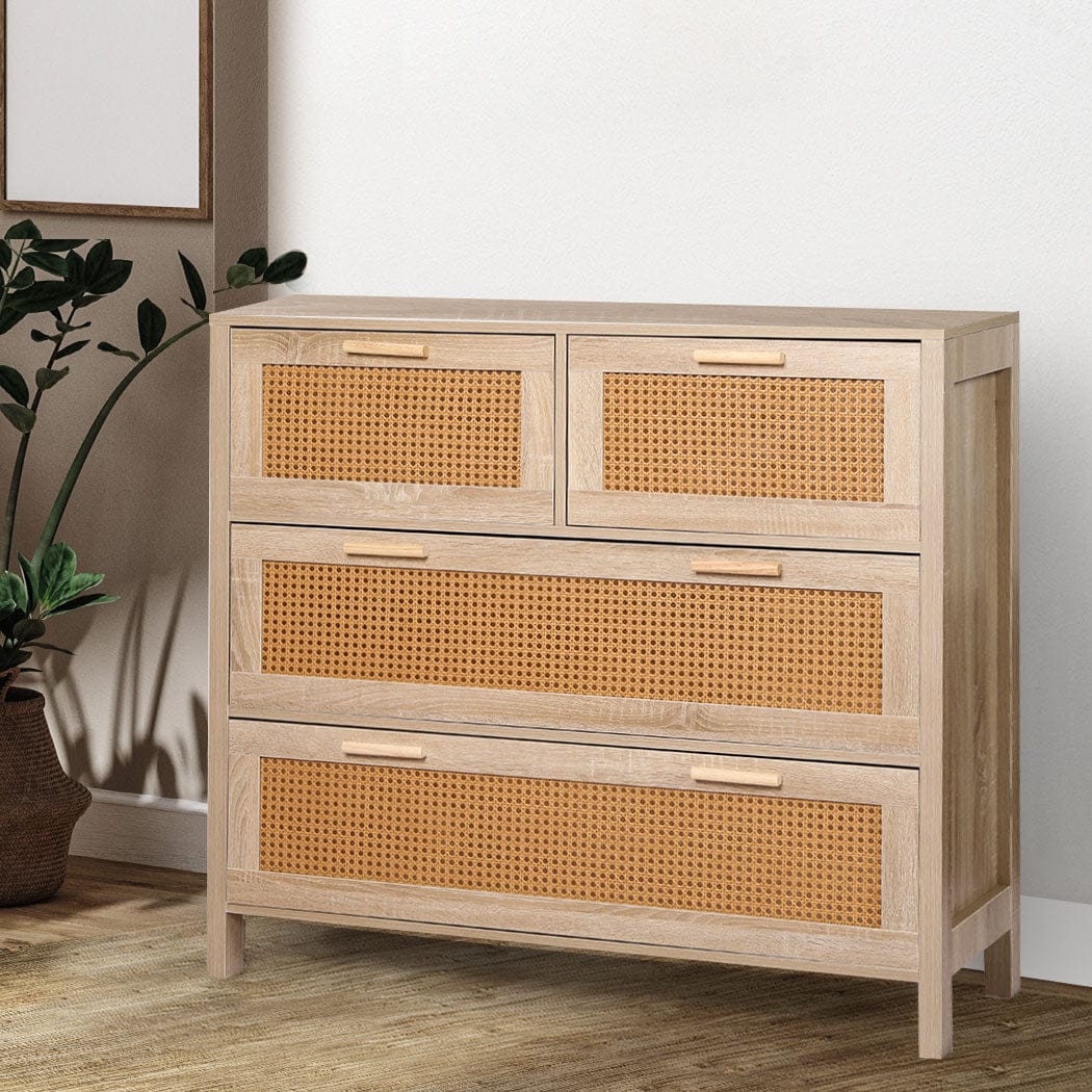 Levede Chest of Drawers Storage Cabinet Rattan Dresser Chest of Drawers Tallboy Wooden 4 Drawers