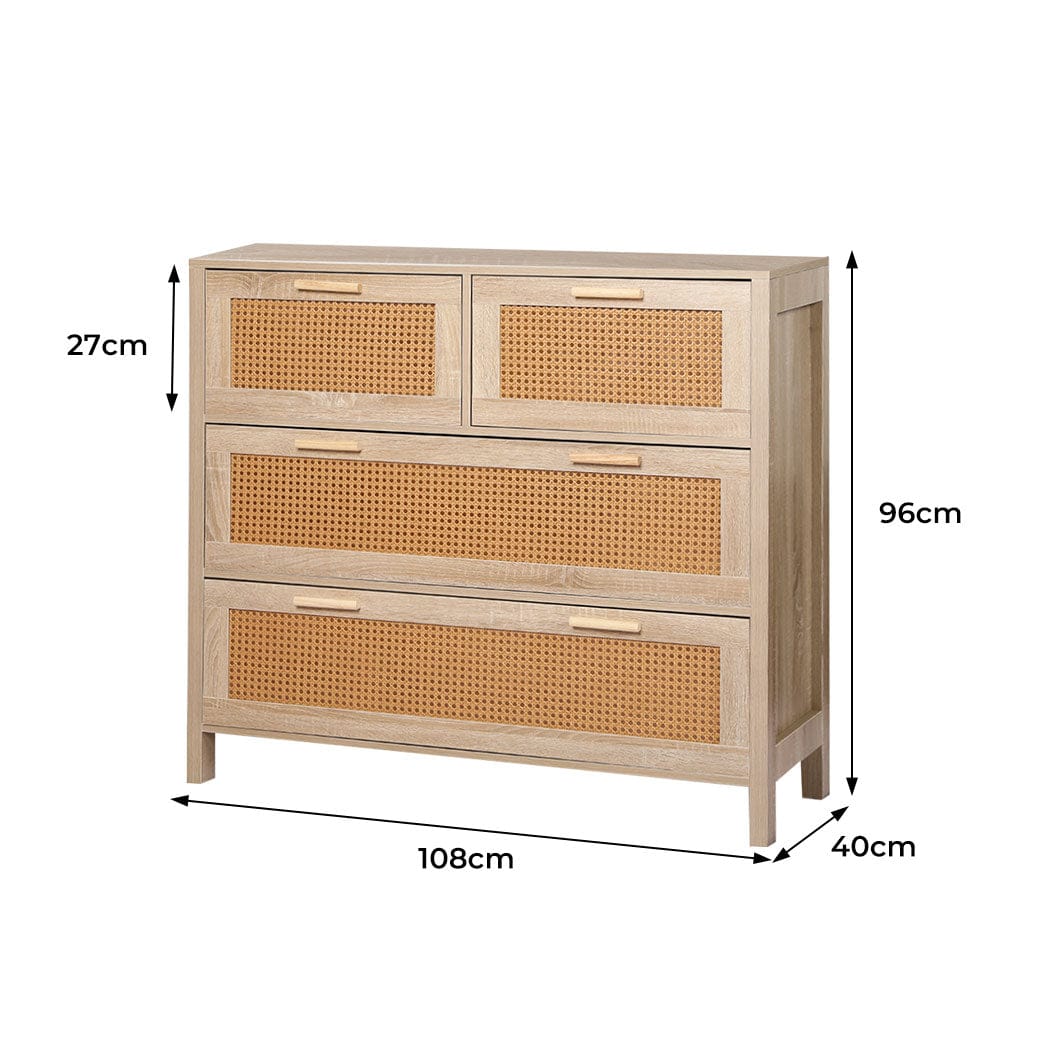 Levede Chest of Drawers Storage Cabinet Rattan Dresser Chest of Drawers Tallboy Wooden 4 Drawers