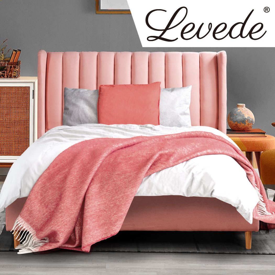 Bed Frame Velvet Base Bedhead Headboard Queen Size Wooden Platform Pink Levede