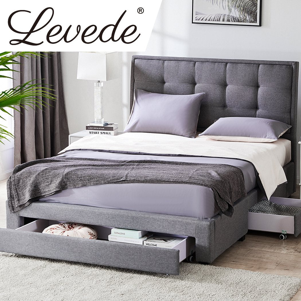 Levede Storage Bed Frame Queen Size Base with Three Drawers Linen Cotton Grey Levede