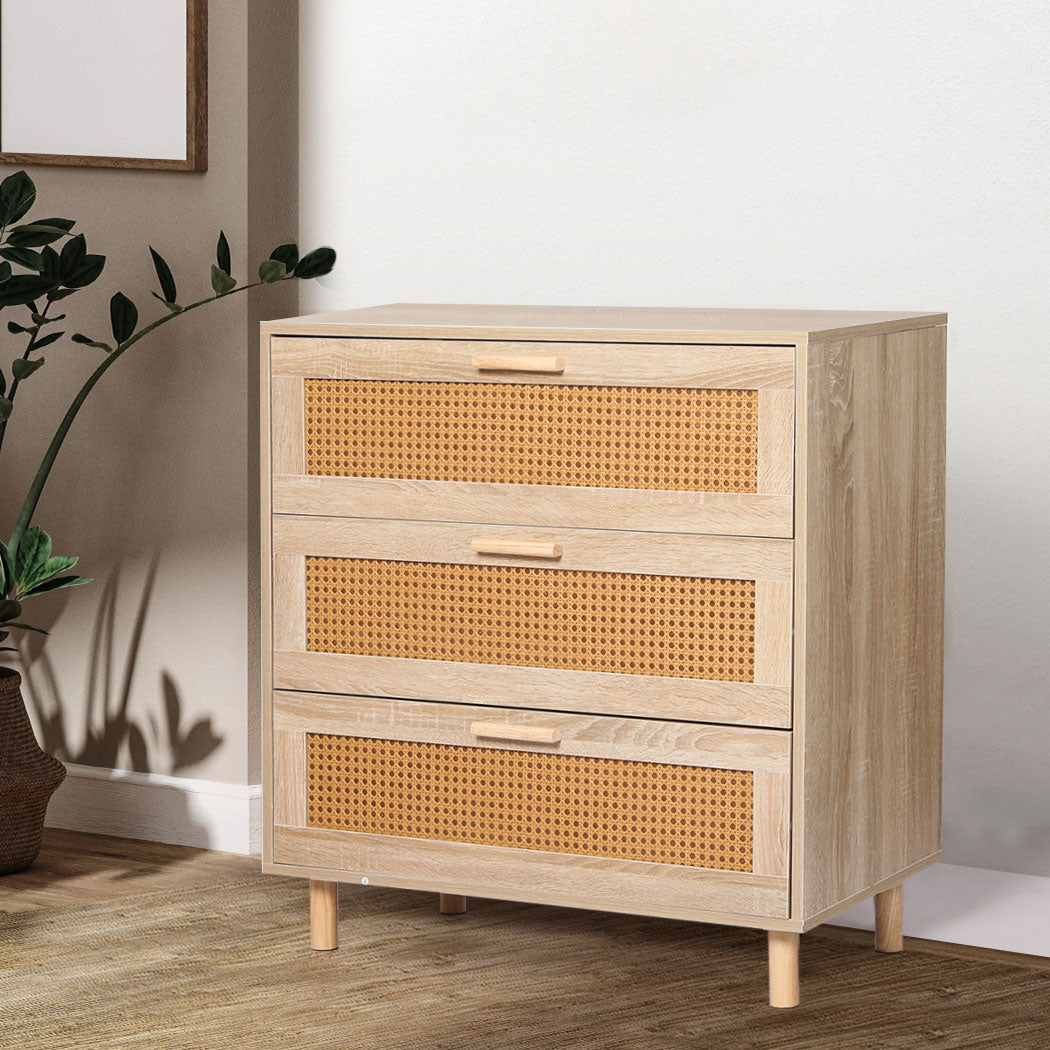 Storage Cabinet Rattan Dresser Chest of Drawers Tallboy Wooden 3 Drawers Levede