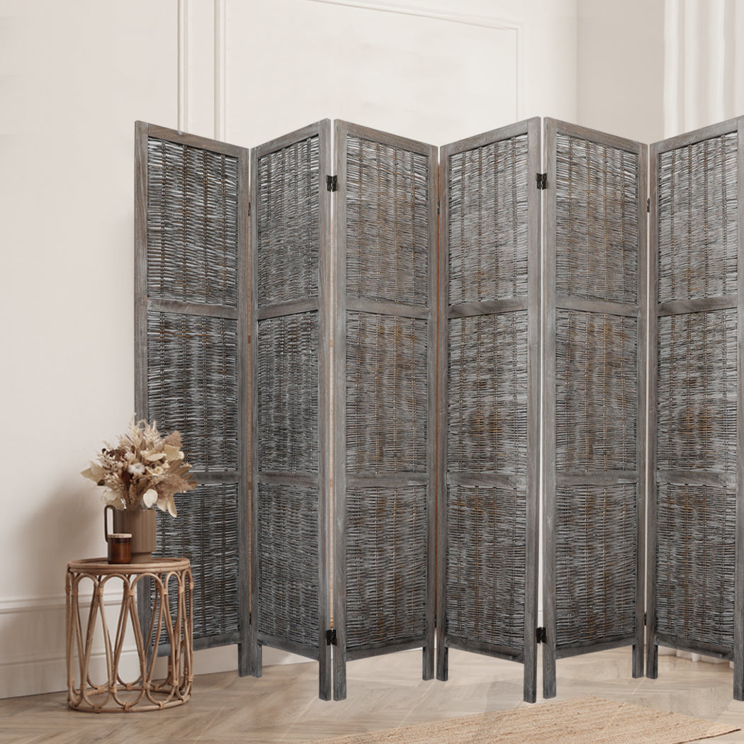 6 Panels Room Divider Screen Privacy Rattan Timber Fold Woven Grey Big Bedding Australia
