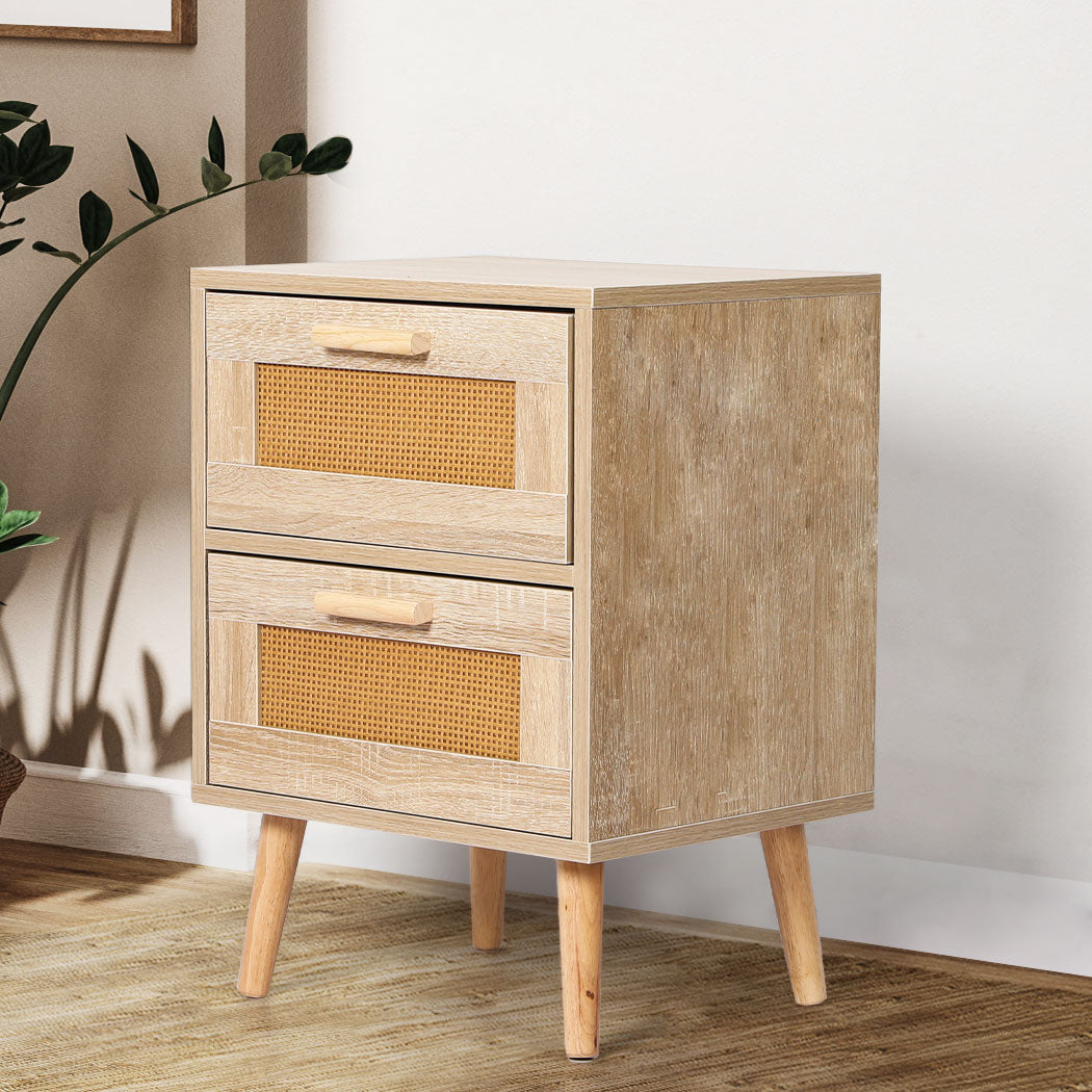 Bedside Tables 2 Drawers Rattan Wood Nightstand Storage Cabinet Bedroom Levede