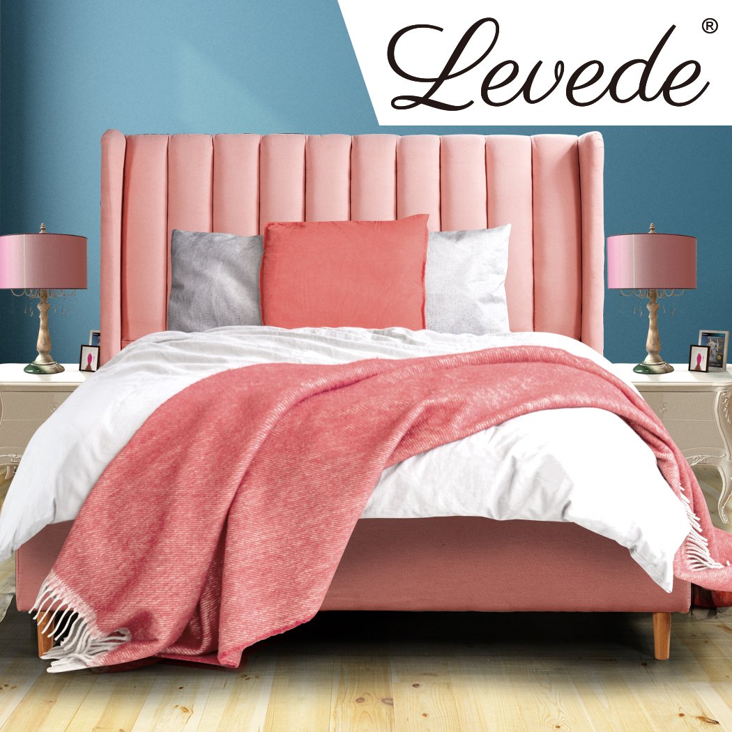 Bed Frame Velvet Base Bedhead Headboard Queen Size Wooden Platform Pink Levede