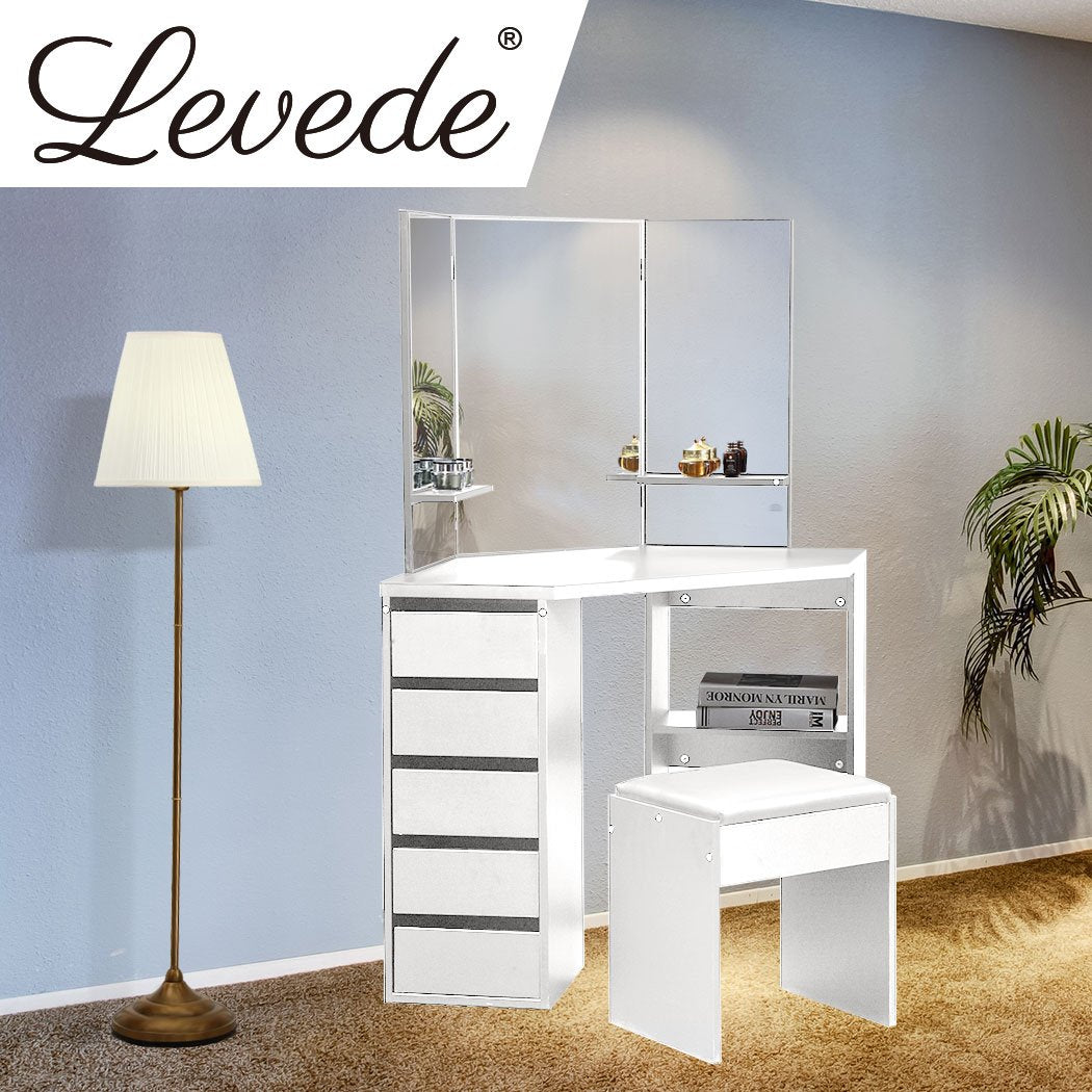 Dressing Table Stool Mirror Jewellery Organiser Makeup Cabinet 5 Drawers White Levede