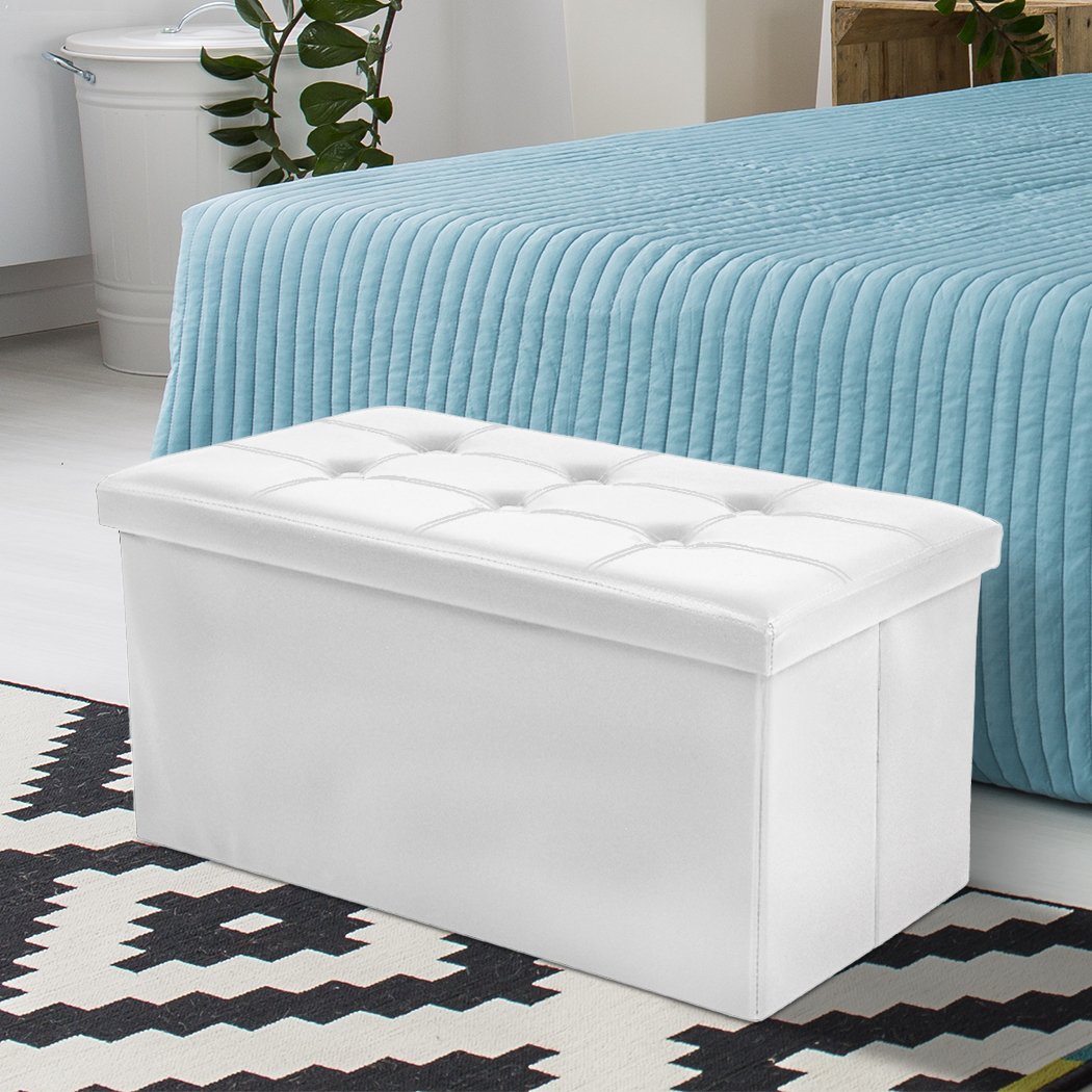 Folding Ottoman Storage Blanket Box Footstool Stool Cube Pouf Faux White Leather Big Bedding Australia