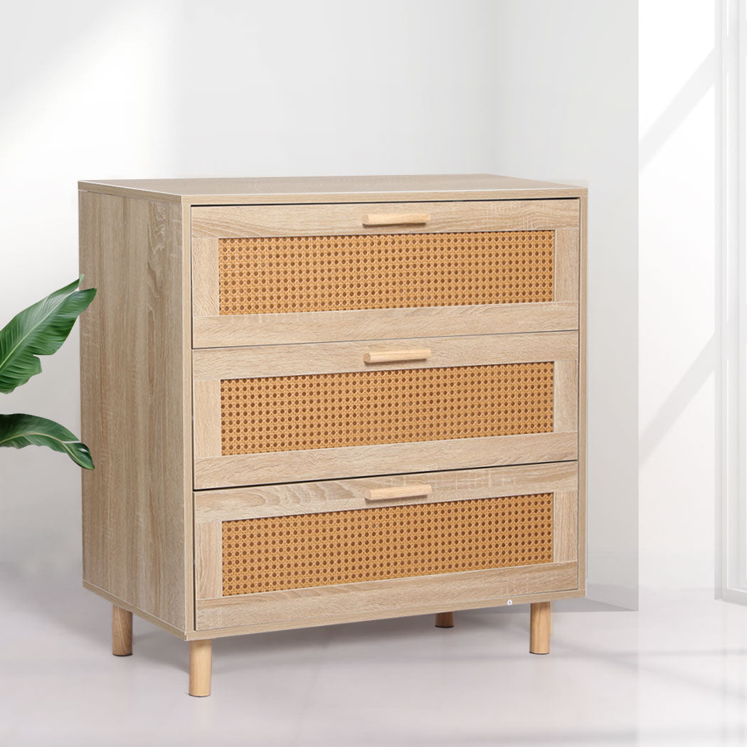 Storage Cabinet Rattan Dresser Chest of Drawers Tallboy Wooden 3 Drawers Levede