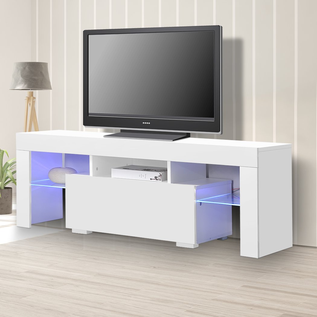 TV Cabinet White Entertainment Unit Stand Wooden LED Lowline Media Storage Shelf Levede