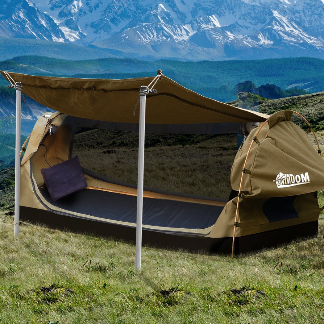 King Single Swag Camping Swags Canvas Dome Tent Free Standing Khaki Mountview