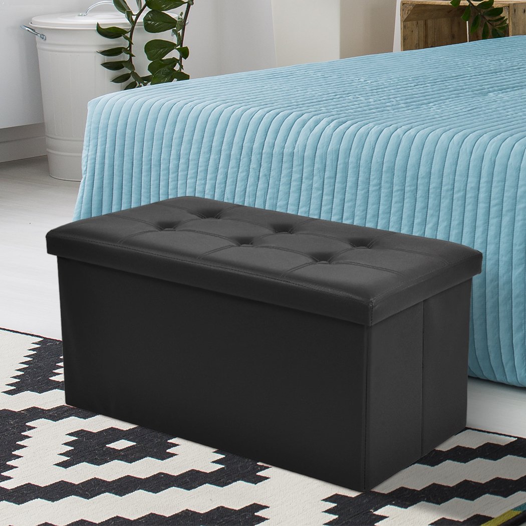 Folding Ottoman Storage Blanket Box Footstool Stool Cube Pouf Faux Black Leather Big Bedding Australia