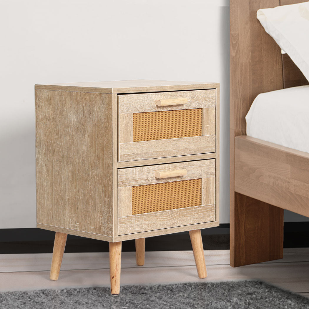 Bedside Tables 2 Drawers Rattan Wood Nightstand Storage Cabinet Bedroom Levede