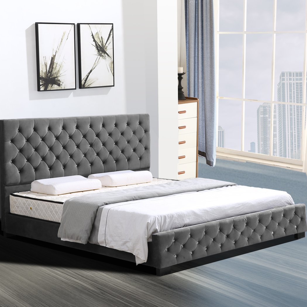 Deluxe Wooden Bed Frame Base Mattress Platform Premium Fabric Queen Size Levede