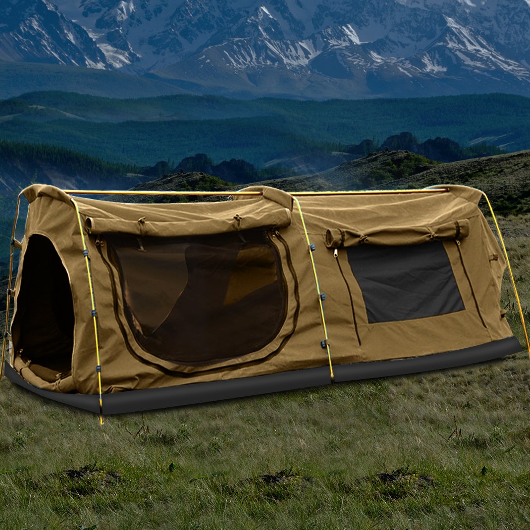 Double King Swag Camping Swags Canvas Dome Tent Hiking Mattress Khaki Mountview