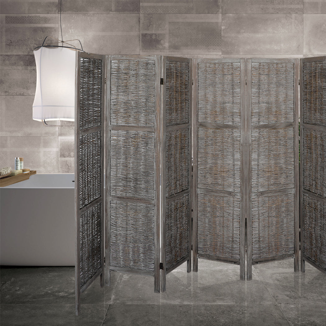 6 Panels Room Divider Screen Privacy Rattan Timber Fold Woven Grey Big Bedding Australia