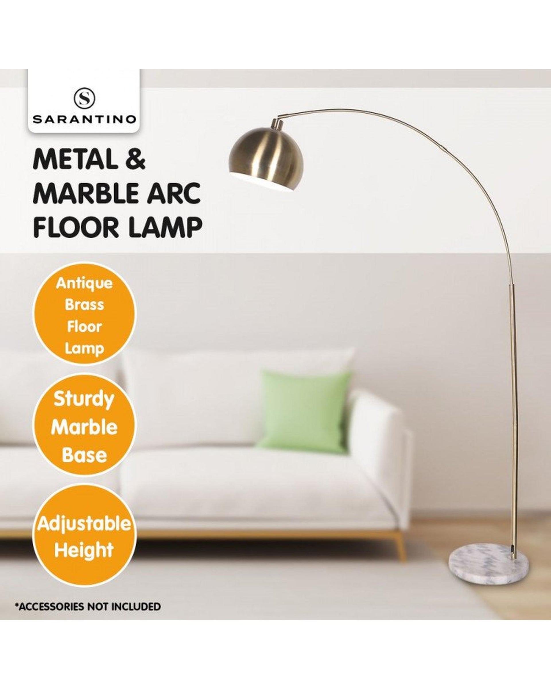 SARANTINO METAL ARC FLOOR LAMP ANTIQUE BRASS WITH MARBLE BASE Sarantino