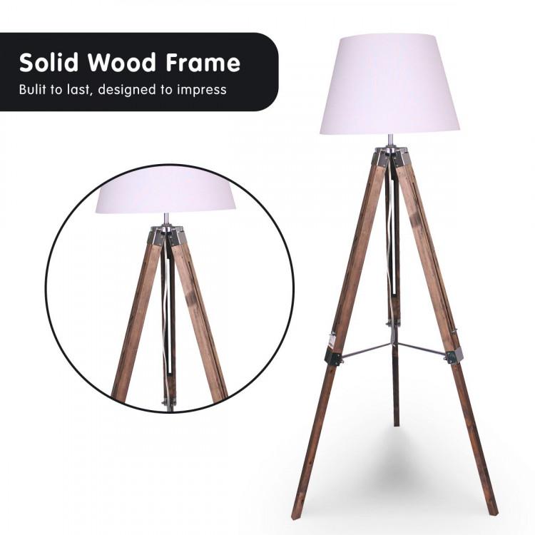 SOLID WOOD TRIPOD FLOOR LAMP ADJUSTABLE HEIGHT WHITE LINEN TAPER SHADE Big Bedding Australia