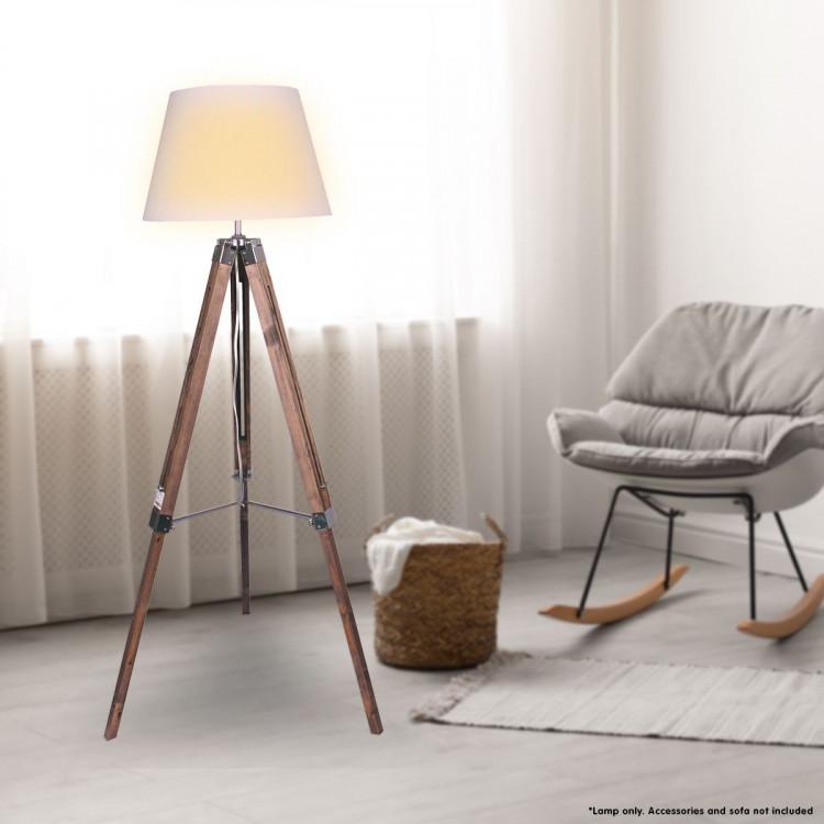 SOLID WOOD TRIPOD FLOOR LAMP ADJUSTABLE HEIGHT WHITE LINEN TAPER SHADE Big Bedding Australia
