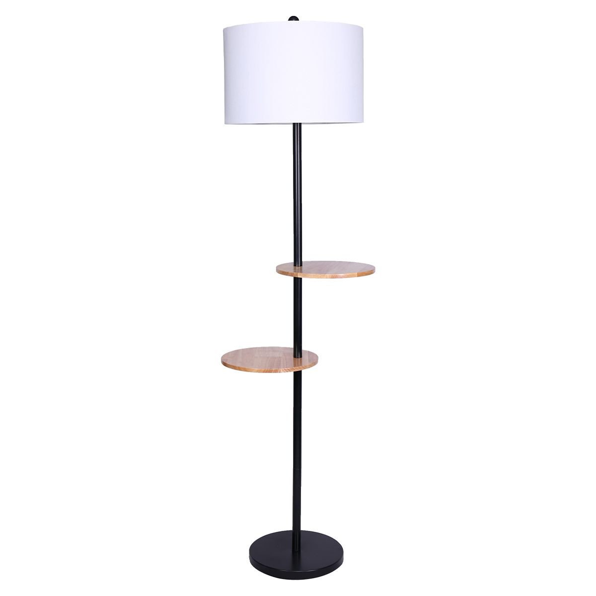 METAL FLOOR LAMP SHADE WITH BLACK POST IN ROUND WOOD SHELVES Big Bedding Australia