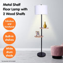 METAL FLOOR LAMP SHADE WITH BLACK POST IN ROUND WOOD SHELVES Big Bedding Australia