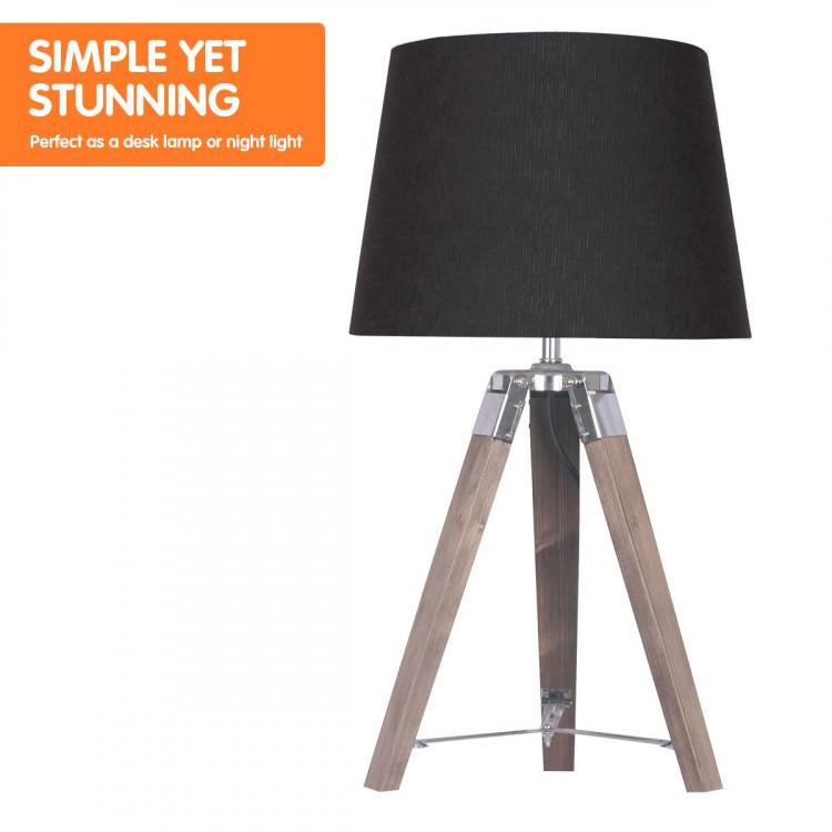WOODEN TRIPOD TABLE LAMP WITH BLACK LINEN TAPER FABRIC SHADE Palermo