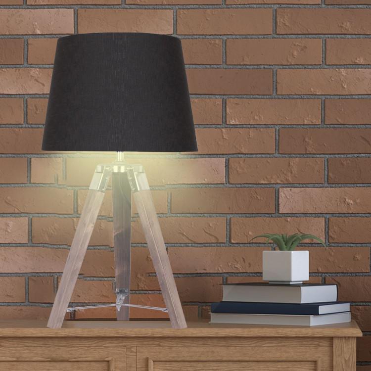 WOODEN TRIPOD TABLE LAMP WITH BLACK LINEN TAPER FABRIC SHADE Palermo