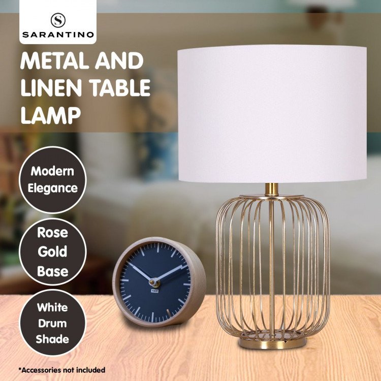 SARANTINO ROSE GOLD TABLE LAMP WITH LINEN DRUM SHADE Sarantino
