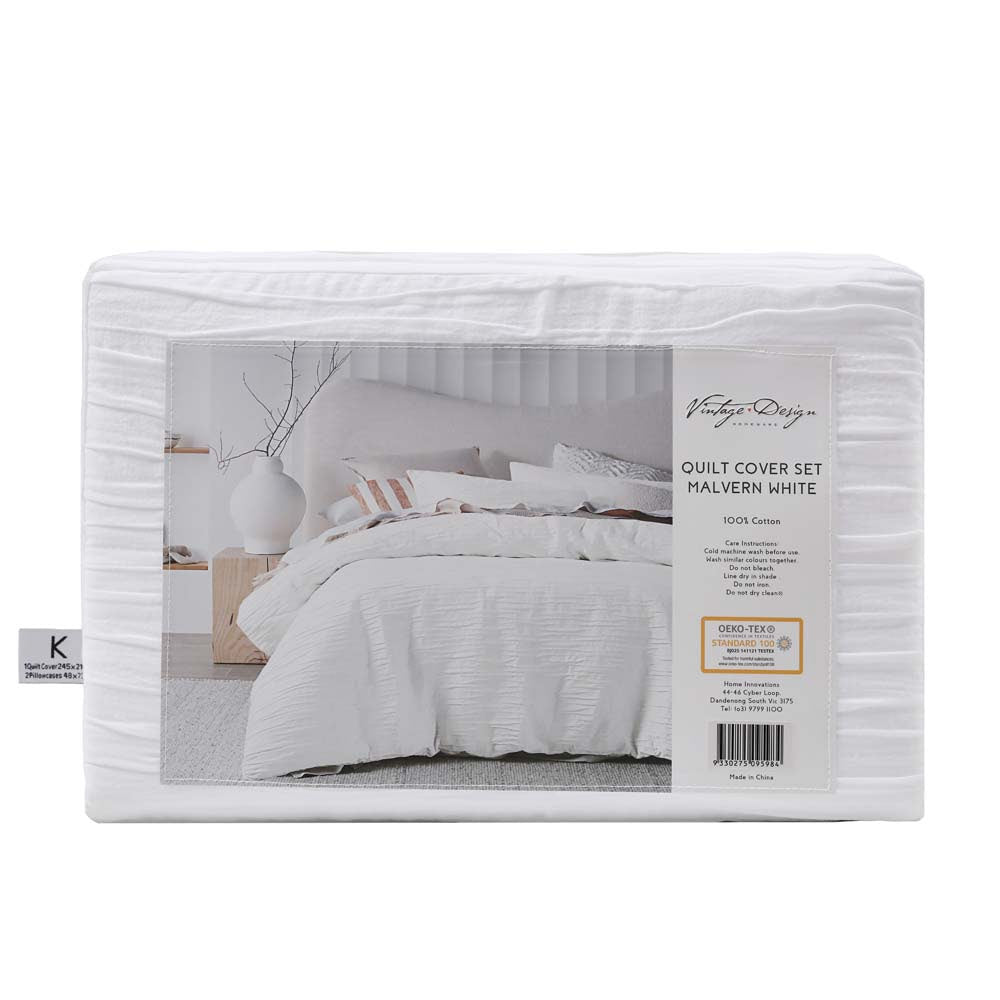 Vintage Design Malvern Cotton Quilt Cover Set - WHITE Vintage Design