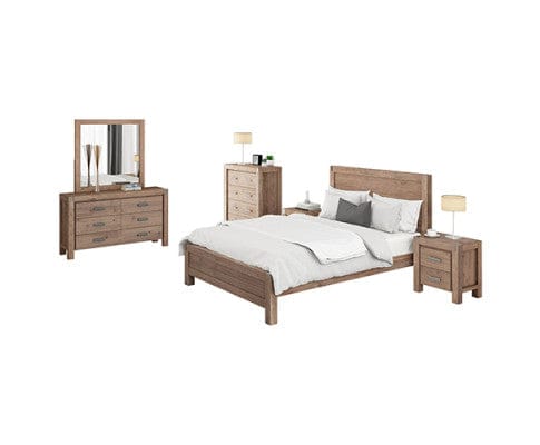 Melbournians Furniture Bedroom Set Five Pieces Bedroom Suite in Solid Wood Veneered Acacia Construction - Oak Colour Bed, Bedside Table , Tallboy & Dresser - 3 Sizes