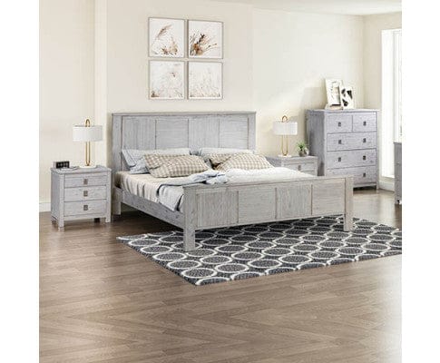 Melbournians Furniture Bedroom Set Four Pieces Bedroom Suite with Solid Acacia Wood Veneered Construction - White Ash Colour Bed, Bedside Table & Tallboy - 2 Sizes