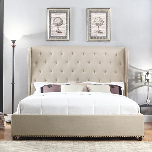 Melbournians Furniture Bedframe Paris Wing Upholstered Bed With Diamond Tufted Detailing - BEIGE