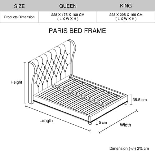 Melbournians Furniture Bedframe Paris Wing Upholstered Bed With Diamond Tufted Detailing - BEIGE