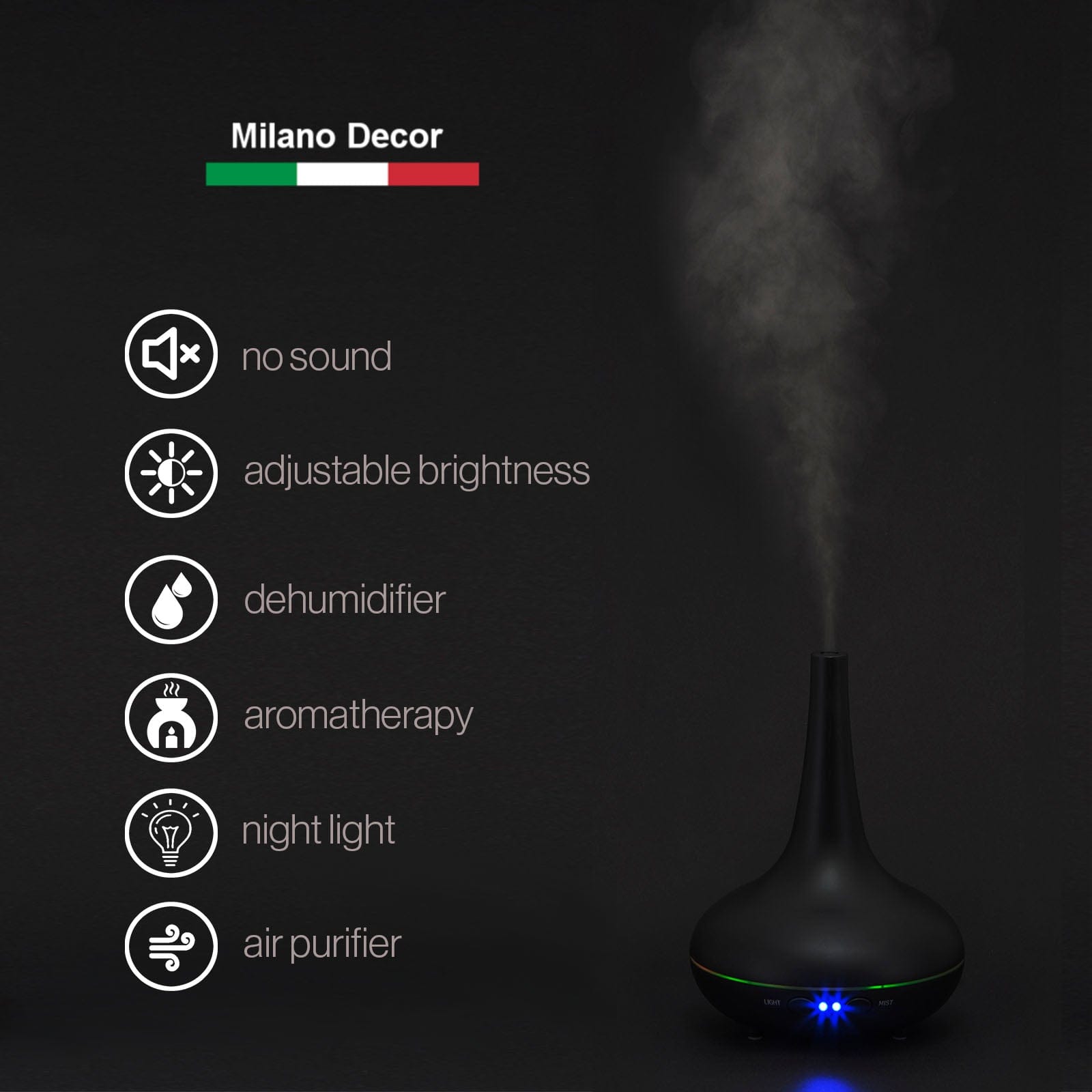 Milano Decor Diffuser Essential Oil Diffuser Ultrasonic Humidifier Aromatherapy LED Light 200ML 3 Oils 15 x 15 x 20cm Black
