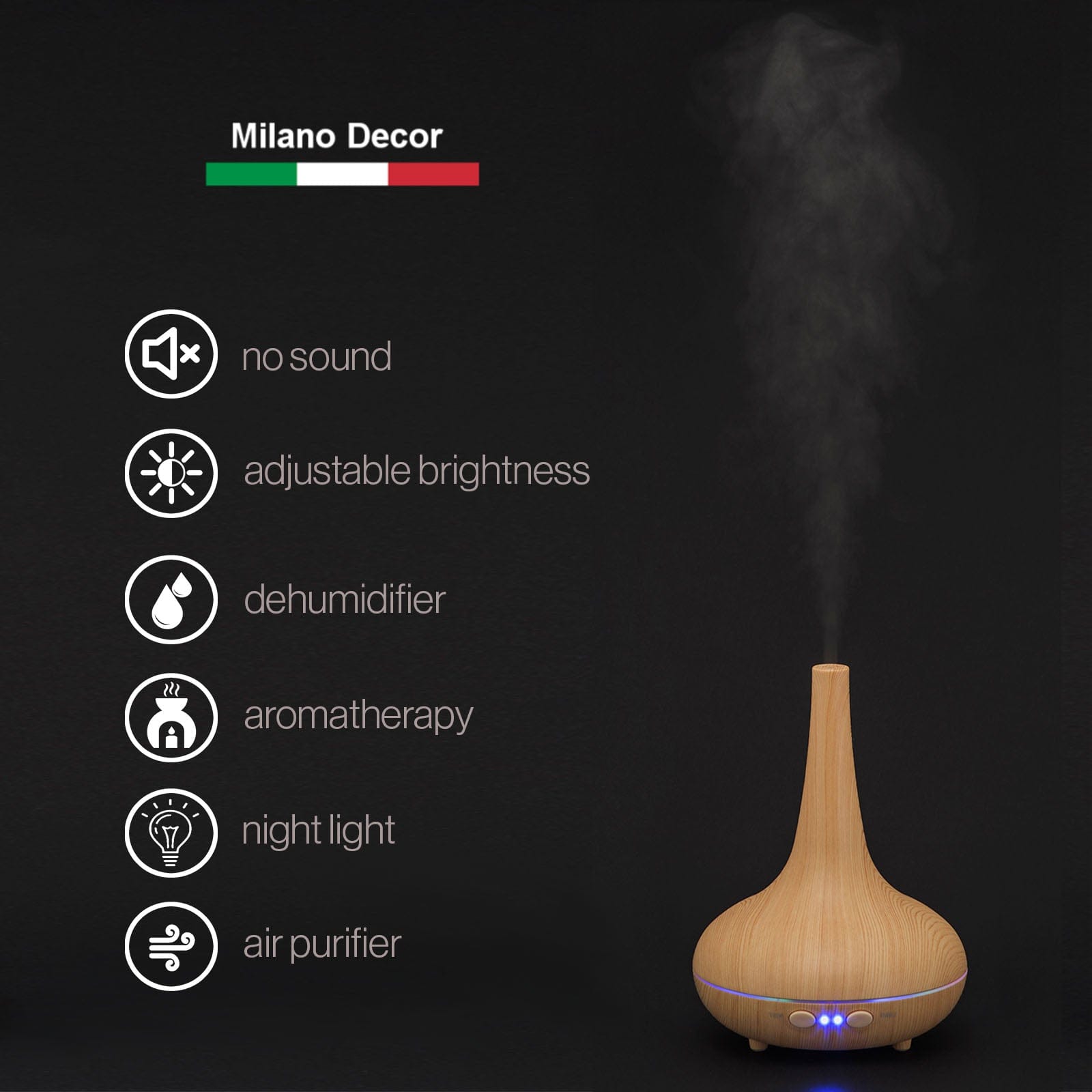 Milano Decor Diffuser Essential Oil Diffuser Ultrasonic Humidifier Aromatherapy LED Light 200ML 3 Oils 15 x 15 x 20cm Light Wood Grain