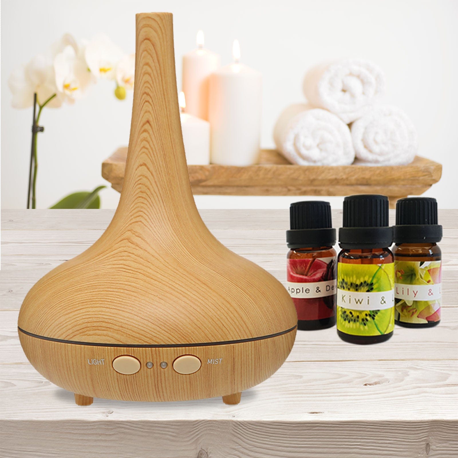 Milano Decor Diffuser Essential Oil Diffuser Ultrasonic Humidifier Aromatherapy LED Light 200ML 3 Oils 15 x 15 x 20cm Light Wood Grain