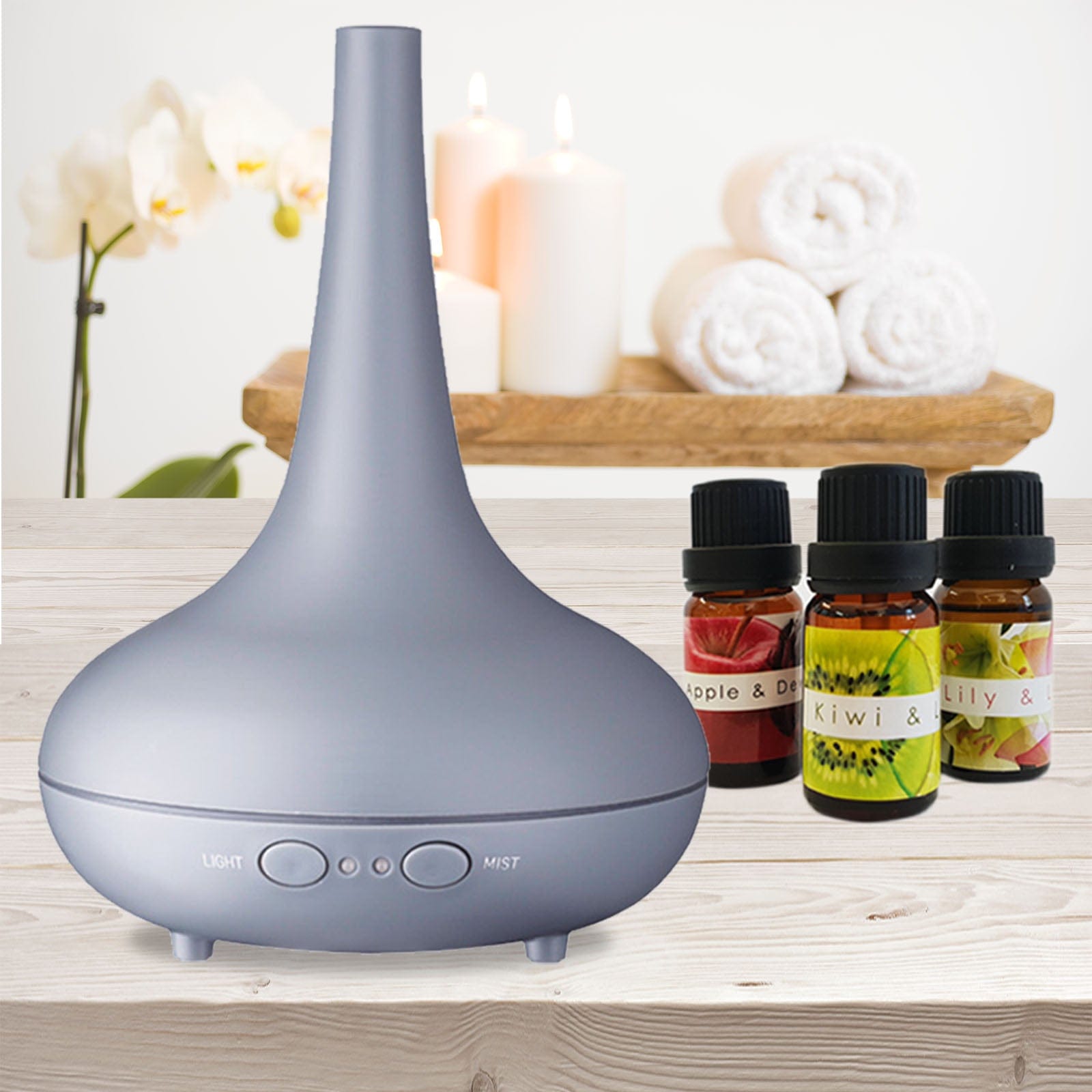 Milano Decor Diffuser Essential Oil Diffuser Ultrasonic Humidifier Aromatherapy LED Light 200ML 3 Oils 15 x 15 x 20cm Matte Grey