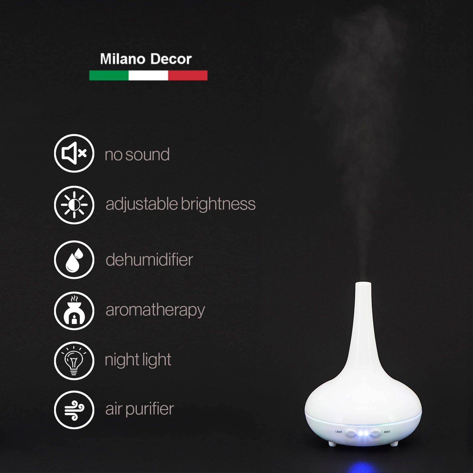 Milano Decor Diffuser Essential Oil Diffuser Ultrasonic Humidifier Aromatherapy LED Light 200ML 3 Oils 15 x 15 x 20cm White