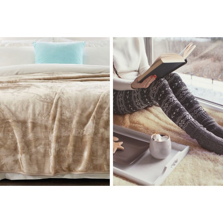 LAURA HILL 600GSM LARGE DOUBLE-SIDED QUEEN FAUX MINK BLANKET - BEIGE Laura Hill