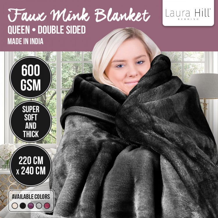 LAURA HILL 600GSM LARGE DOUBLE-SIDED QUEEN FAUX MINK BLANKET - BLACK Laura Hill