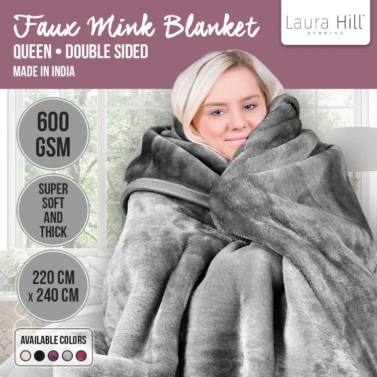 LAURA HILL 600GSM DOUBLE-SIDED QUEEN SIZE FAUX MINK BLANKET - PEWTER SILVER Laura Hill