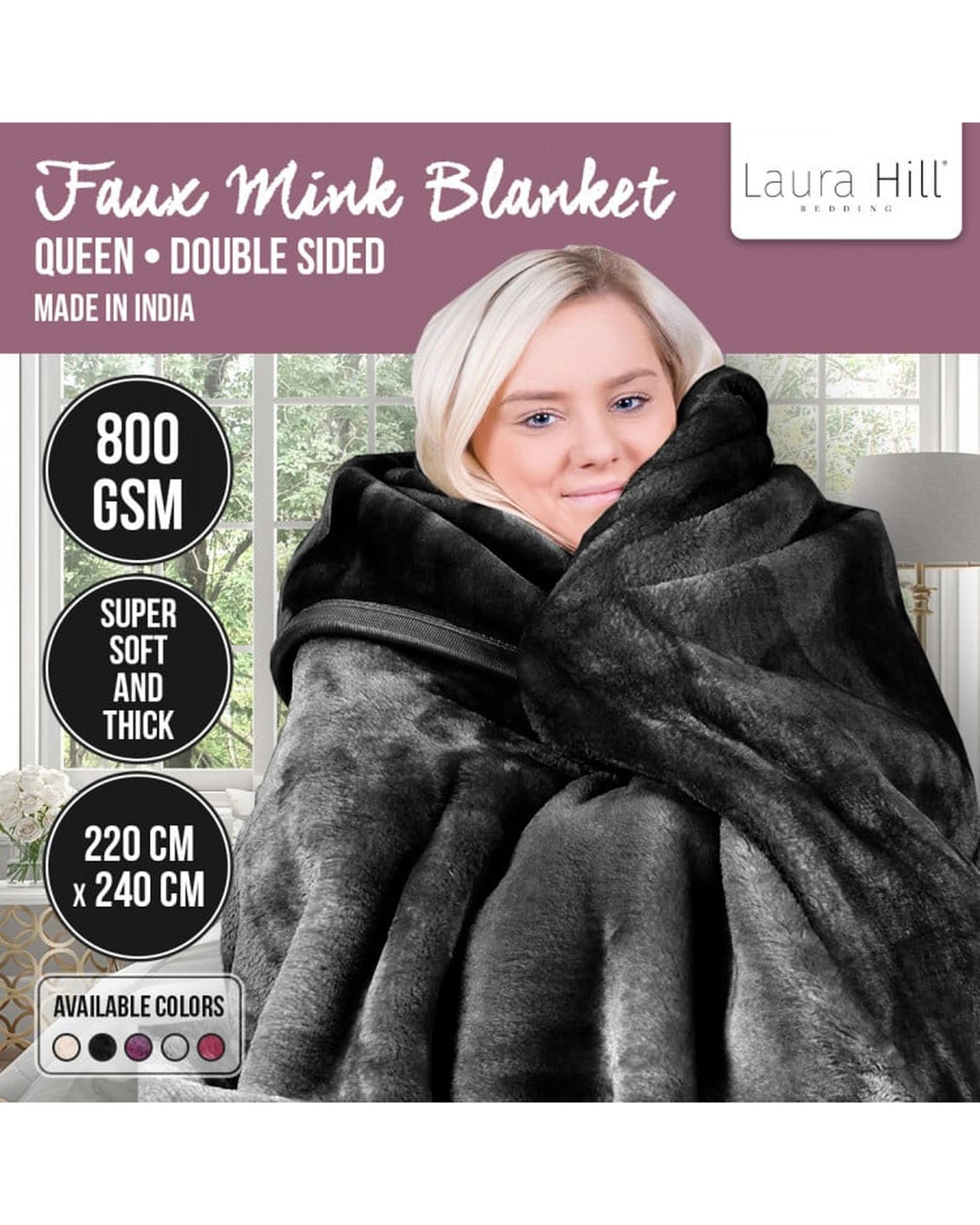 LAURA HILL 800GSM HEAVY DOUBLE-SIDED FAUX MINK BLANKET - BLACK Laura Hill