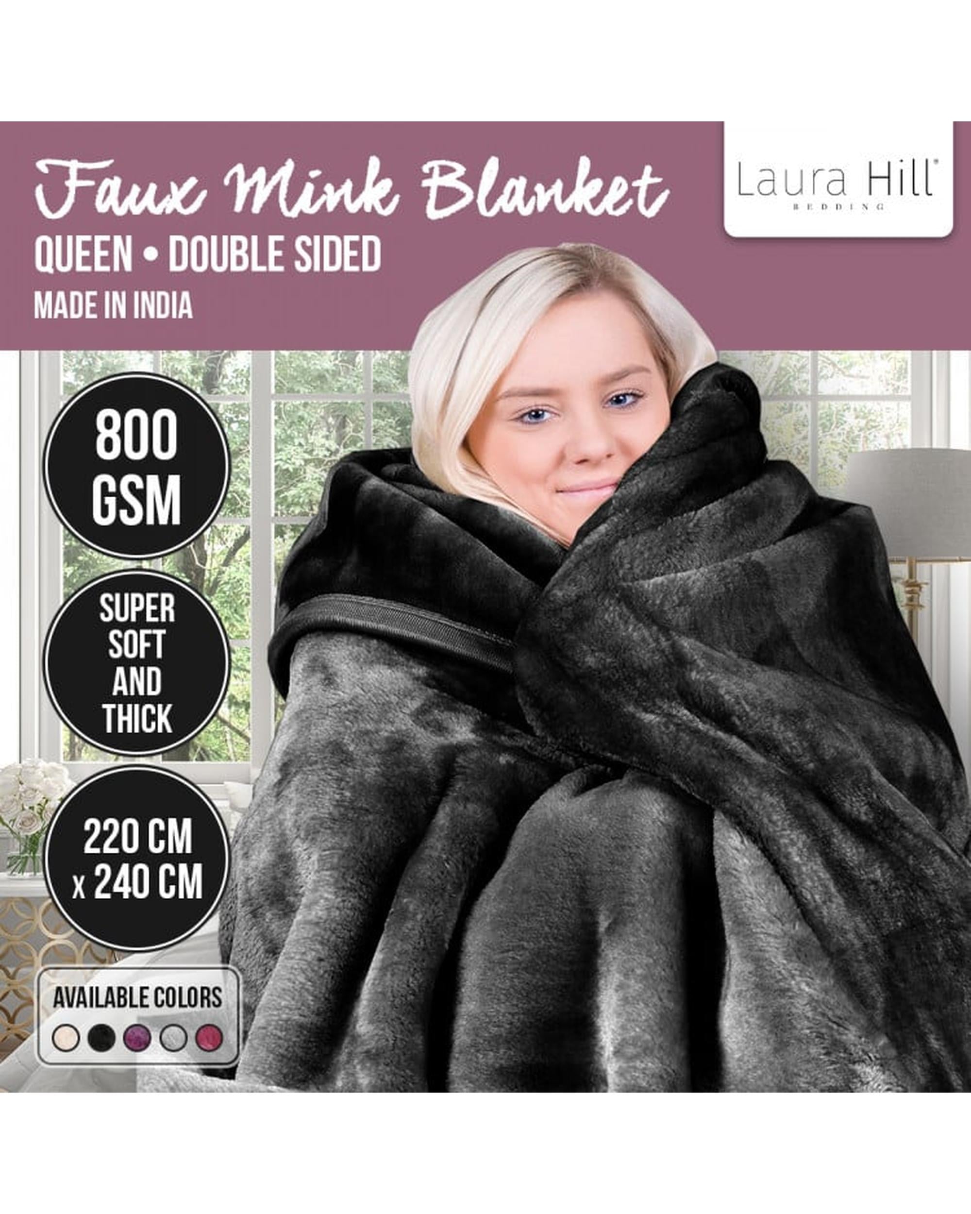 LAURA HILL 800GSM HEAVY DOUBLE-SIDED FAUX MINK BLANKET - BLACK Laura Hill