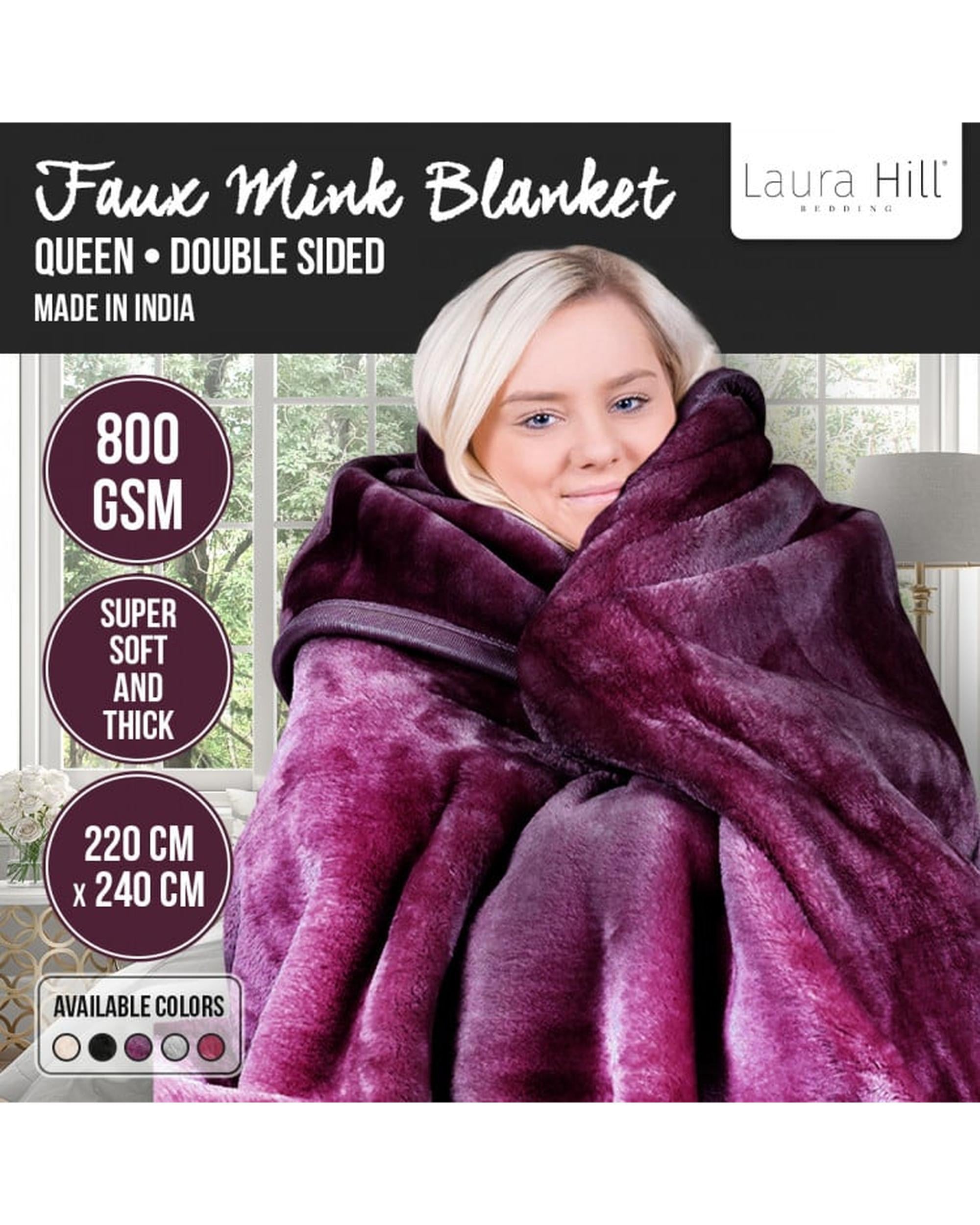 LAURA HILL 800GSM HEAVY DOUBLE-SIDED FAUX MINK BLANKET - PURPLE Laura Hill