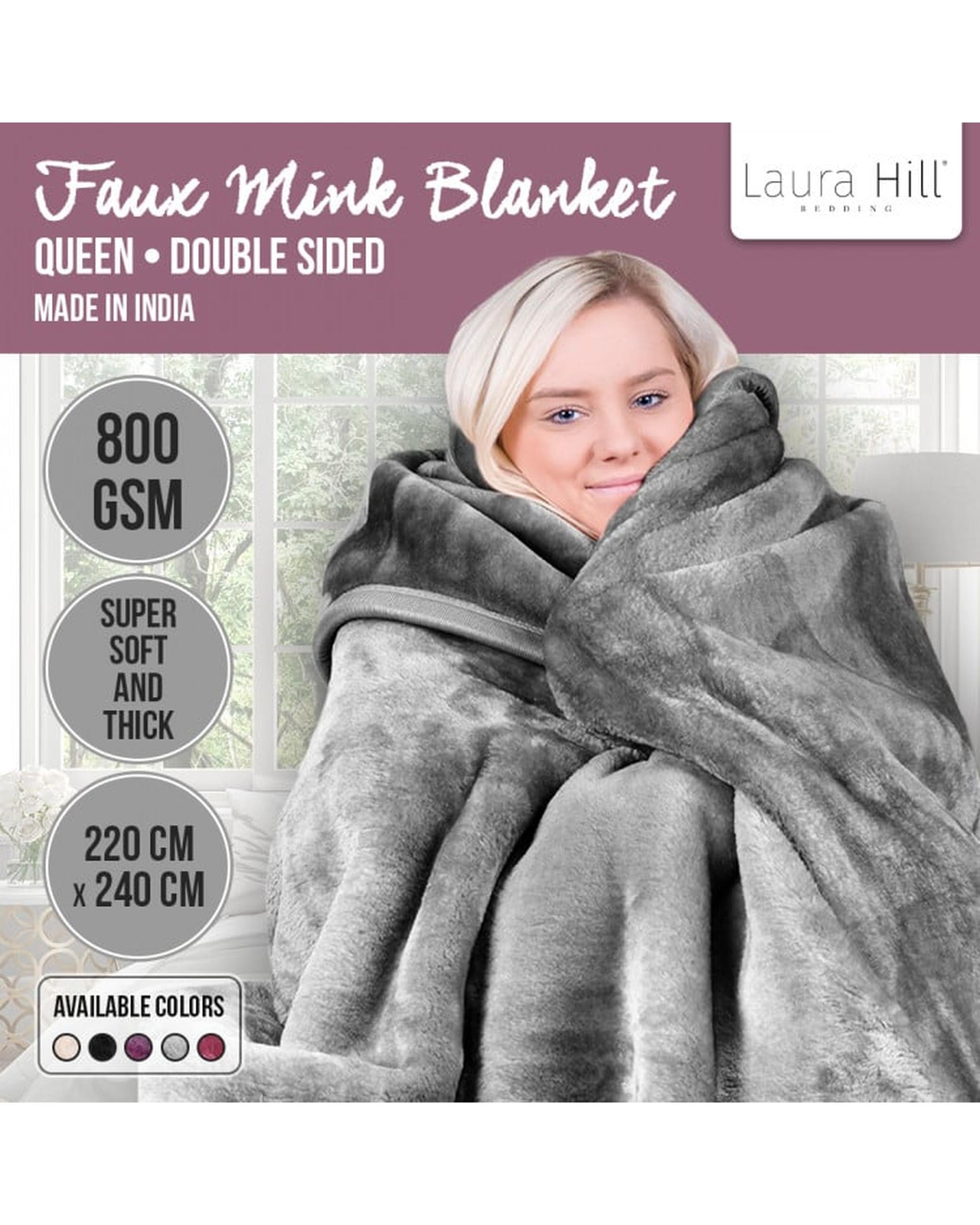 LAURA HILL 800GSM HEAVY DOUBLE-SIDED FAUX MINK BLANKET - SILVER Laura Hill