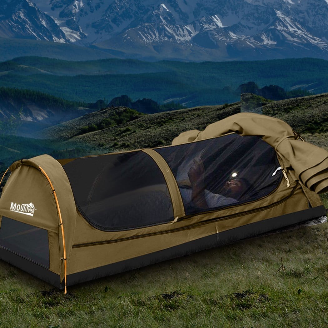 Mountview Outdoor Sleeping King Single Swag Camping Swags Canvas Dome Tent Hiking Mattress Khaki