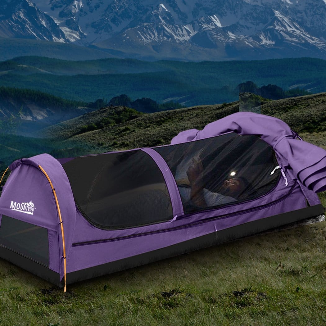 Mountview Outdoor Sleeping King Single Swag Camping Swags Canvas Dome Tent Hiking Mattress Purple