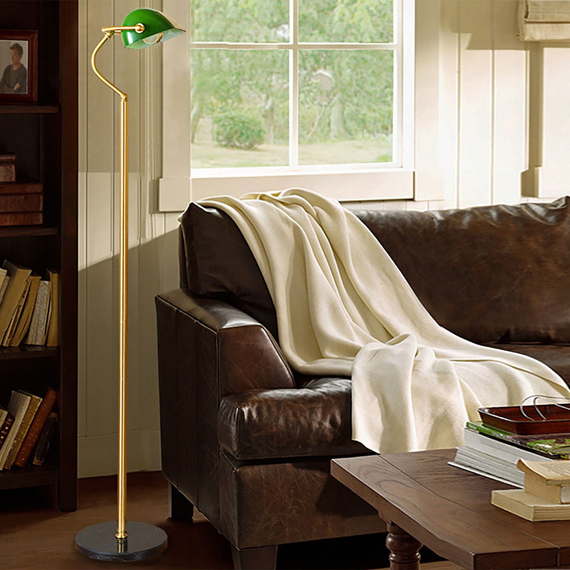 Oriel Lighting Lamp BANKERS FLOOR Antique Brass with Green Glass Shade